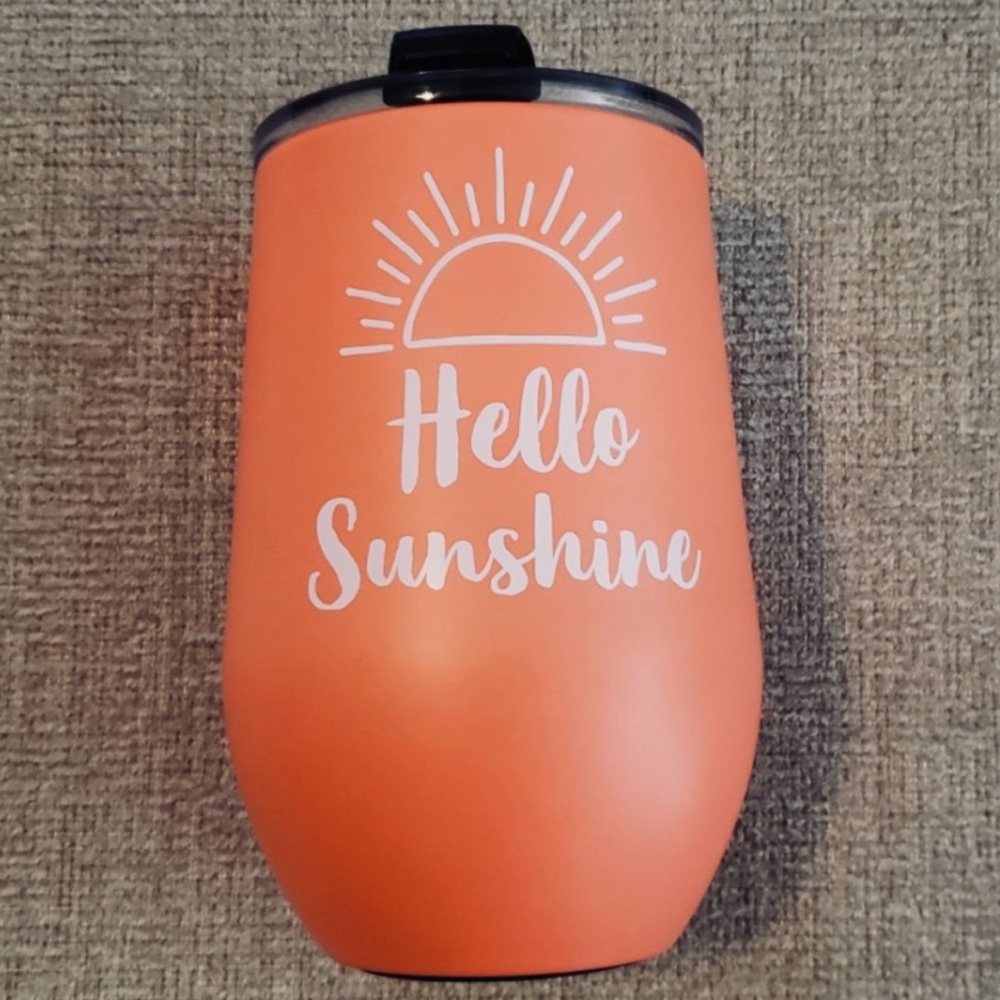 Hello Sunshine Stainless Steel Stemless Wine Tumbler with Lid Coral Peach NEW